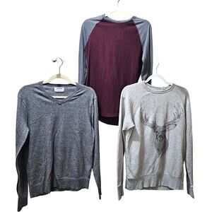 3 Long Sleeve Shirts Men's Small Vneck Sweater tshirt Deer Sweatshirt Gray Red